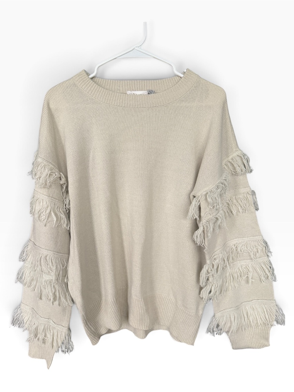 NWOT RD Style Cream Fringed Sleeve Crewneck Sweater Medium